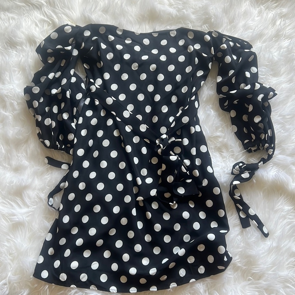 Off the Shoulder Black & White Polka Dot Dress
